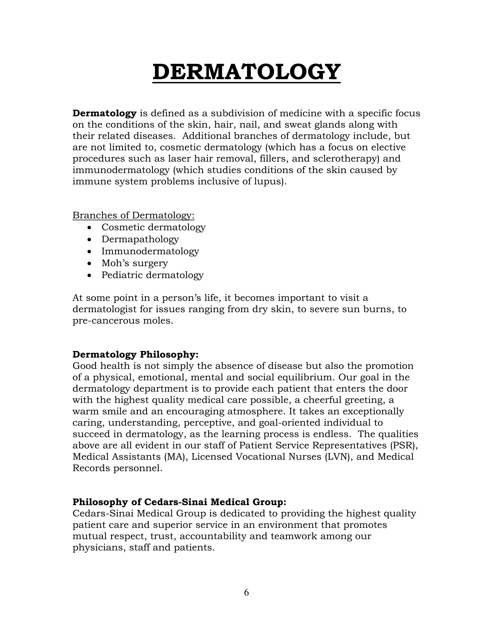 Cedars Sinai Dermatology Department Employee Training Manual | Alberta Lim | Copy &amp; Content Writing